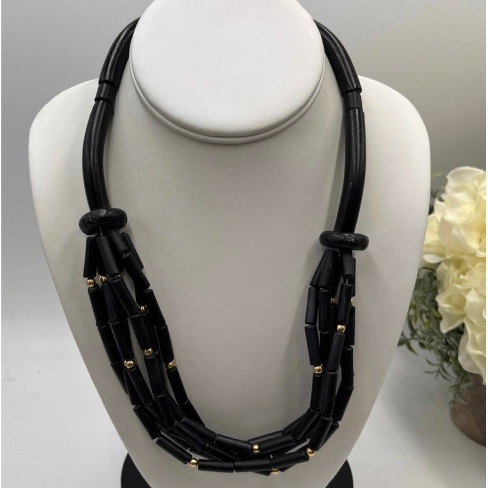 Vintage Multi-Strand Black Glossy Tube Beads Gold Accents Hook‎ Clasp Necklace